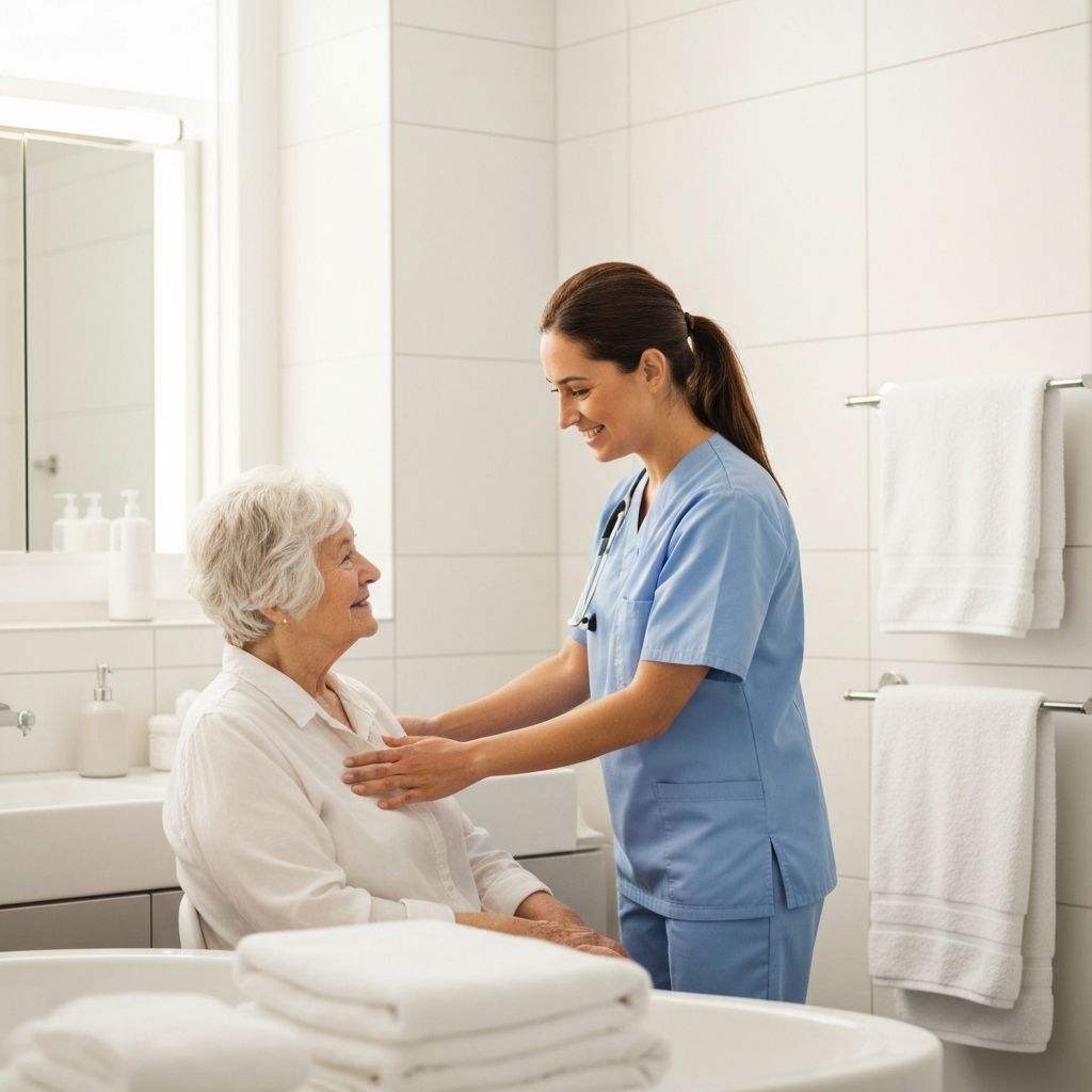 Professional caregiver assisting a senior resident with bathing support in a clean, safe bathroom environment